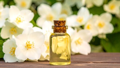 A small glass bottle of fragrant jasmine oil sits on a wooden surface, surrounded by blooming jasmine flowers.
