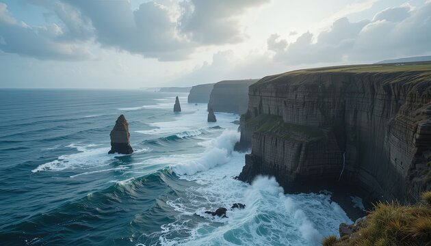 Dramatic coastal cliffs meet powerful waves against a backdrop of a cloudy sky.
