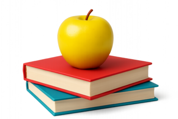 Realistic pile of school books topped with shiny apple, isolated on transparent background for learning, study, and classroom design school concept