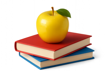 Realistic pile of school books topped with shiny apple, isolated on transparent background for learning, study, and classroom design school concept