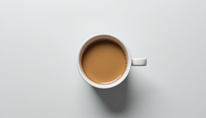 High-angle,  shot of a white ceramic mug filled with light brown coffee, set against a plain white background.