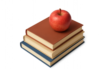 Realistic pile of school books topped with shiny apple, isolated on transparent background for learning, study, and classroom design school concept