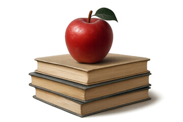Realistic pile of school books topped with shiny apple, isolated on transparent background for learning, study, and classroom design school concept