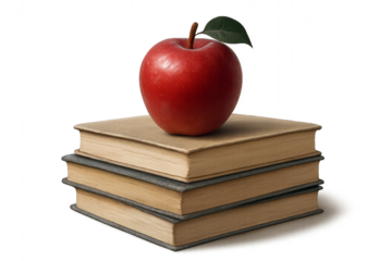 Realistic pile of school books topped with shiny apple, isolated on transparent background for learning, study, and classroom design school concept