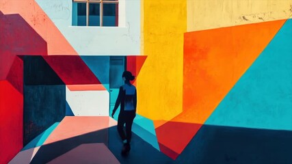 A person walks through a vibrant, geometric mural - Powered by Adobe