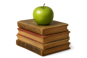 Realistic pile of school books topped with shiny apple, isolated on transparent background for learning, study, and classroom design school concept