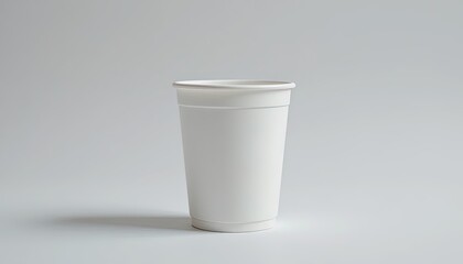 A blank, white disposable cup stands alone against a neutral backdrop.