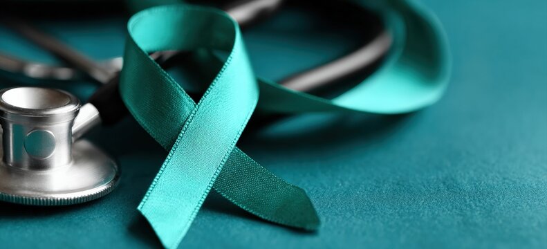 Teal awareness ribbon and stethoscope are lying on a teal surface, representing the fight against cervical cancer
