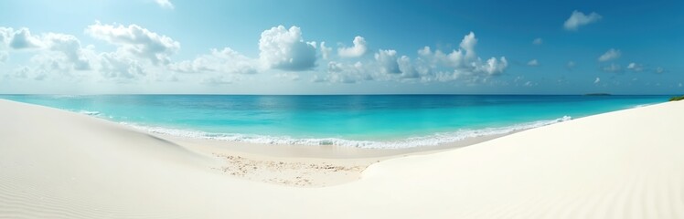 Expansive panorama shows pristine white sand dunes meeting vibrant turquoise ocean waters under clear blue sky with scattered clouds. Gentle waves lap tranquil shoreline, creating serene tropical