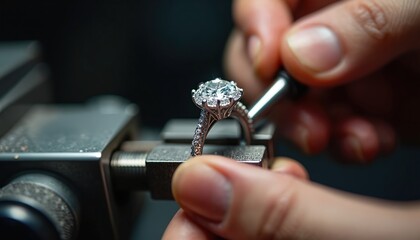 Close-up of jeweler polishing diamond ring. Craftsman uses tool on gold metalwork, adding shine to gemstone. Precision work on workbench in workshop, creating luxury wedding, engagement accessory.