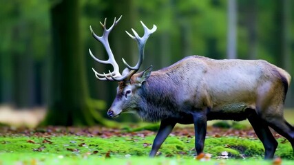 Majestic deer with large antlers in a lush forest - Powered by Adobe