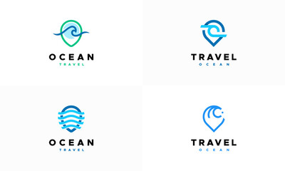 Set of Travel Point Logo with Ocean Wave symbol, Ocean logo designs concept vector