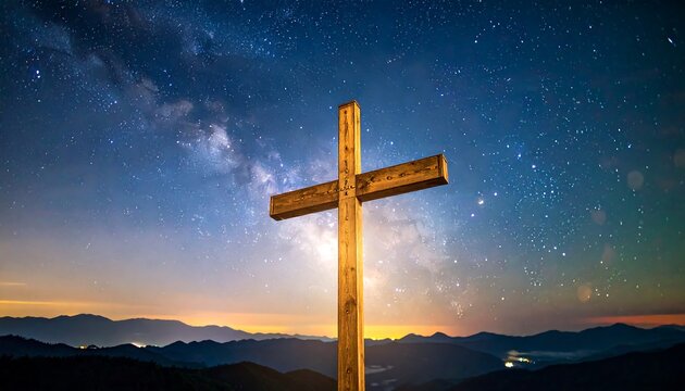A majestic wooden cross stands sentinel against a vibrant night sky, dotted with stars and the luminous Milky Way, above a mountain vista bathed in the warm hues of sunrise. - Powered by Adobe