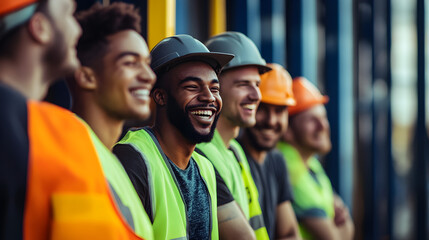A diverse group of construction workers smiling and laughing wearing safety vests and hard hats together
