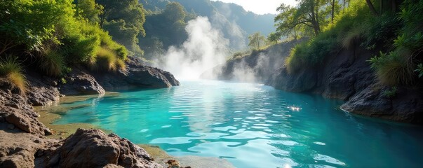 Steaming geothermal water flows into a tranquil natural pool, surrounded by lush greenery and volcanic rock formations Ideal for relaxation and wellness imagery , hot water, wellness, energy