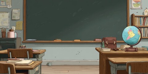 Classroom scene, empty desks, chalkboard, globe