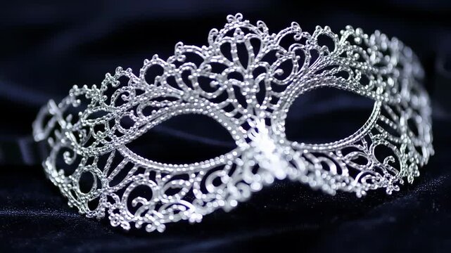 Elegant silver masquerade mask on dark fabric