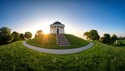 Panoramic view of a temple-like structure on a hill at sunrise