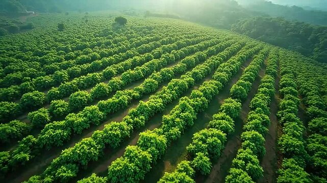 Aerial view of lush green vineyards stretching across rolling hills, bathed in soft sunlight. The orderly rows of grapevines create a serene and picturesque landscape.