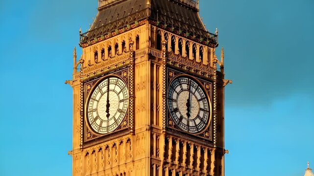 London, United Kingdom. A closeup of the iconic Big Ben clock tower in London, England. The clock face is prominently displayed against a clear blue sky, with the sun casting a warm.