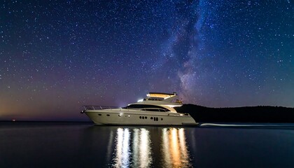 A luxurious yacht rests peacefully on the water, bathed in starlight and the glow of its lights, under a breathtaking night sky filled with stars and the milky way.