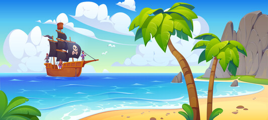 Sail pirate ship in tropical island bay. Cartoon vector fun and adventurous seafaring scene with a corsair boat approaches a tropical beach with palm trees and golden sand, as pirates prepare to dock © Vector Tradition