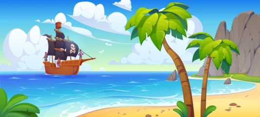 Handdoek met foto Piraten Sail pirate ship in tropical island bay. Cartoon vector fun and adventurous seafaring scene with a corsair boat approaches a tropical beach with palm trees and golden sand, as pirates prepare to dock  © Vector Tradition