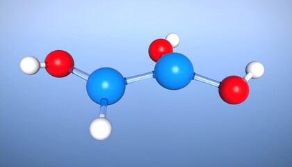 A 3D illustration of a formic acid molecule, showcasing its atoms with vibrant blue and red spheres connected by transparent bonds, set against a light blue backdrop.