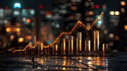 Glowing financial graph rises above city skyline at night, symbolizing growth and success in business. vibrant lights and reflections create dynamic atmosphere of opportunity and ambition