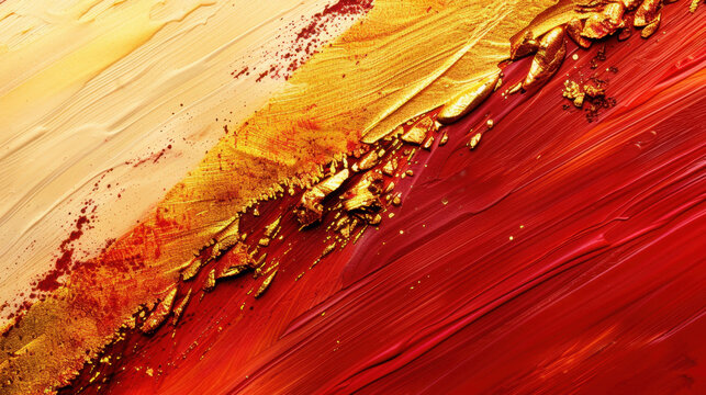 Abstract art featuring vibrant colors and textures, showcasing blend of gold, red, and cream hues. dynamic brush strokes create sense of movement and depth, evoking feeling of warmth and energy