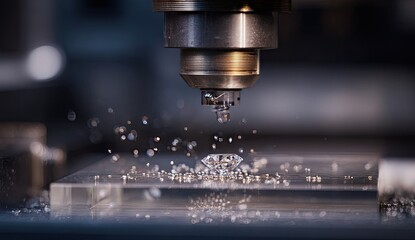 Precision machining of a diamond. Close-up view of a diamond cutting machine, with a diamond in focus and machining debris