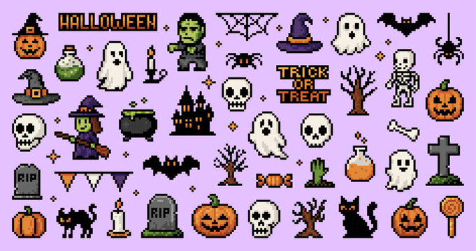 Y2k Halloween 8 bit pixel game icons and stickers set. Vector pixel art Halloween holiday pumpkin, ghost, witch and skull, black cat, bat and spider, scary zombie, skeleton and cemetery tombstone icon