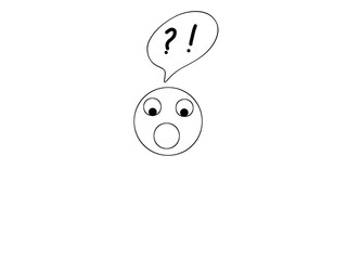 Doodle of a surprised emoji face with wide open mouth and big eyes ,accompanied by a speech bubble containing question and exclamation marks