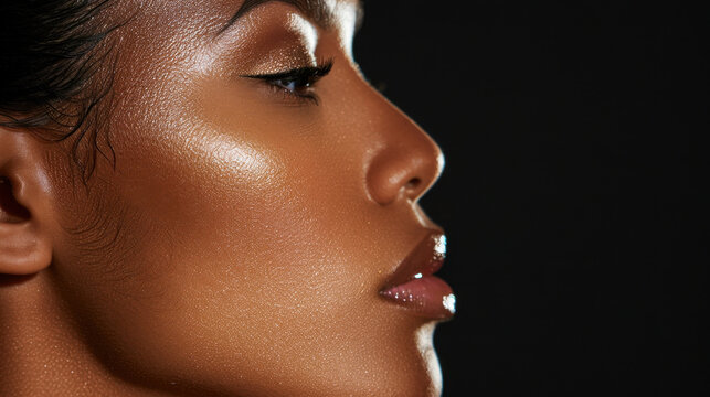 Close up profile of woman showcasing her radiant skin and defined features, highlighting beauty of natural makeup and glowing complexion. image captures elegance and confidence