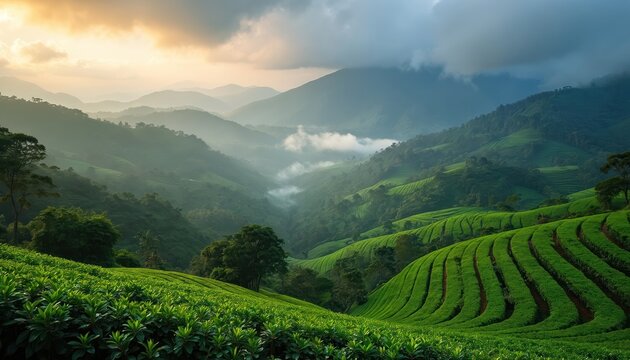 Green rolling hills covered in tea plantations under misty mountains. Sunlight breaks through clouds creating atmospheric haze. Scenic landscape offers tranquil view of agricultural terraces. Perfect