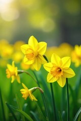 Vibrant yellow daffodils blooming in a lush green field, bathed in the warm sunlight of spring Perfect for springtime themes, Easter, and nature imagery , grass, sunshine