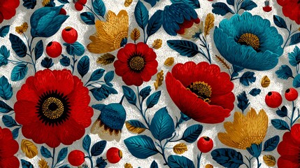 Vibrant embroidered floral pattern with red blue and yellow flowers on white background