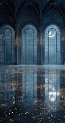 Grand hall with arched windows reflecting a moonlit night, shimmering floor