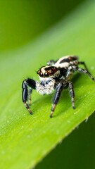 Naklejka premium Jumping spider on vibrant green leaf