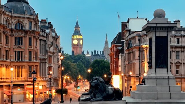Trafalgar Square. London, United Kingdom. A nighttime cityscape with a prominent clock tower in the background. The clock tower is a large, ornate structure with a clock face.