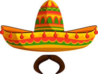 Cartoon sombrero or Mexican mariachi hat with mustaches for Mexico fiesta, vector icon. Mexican sombrero and traditional mariachi hat with ornament for Mexico culture, holiday and fiesta decoration