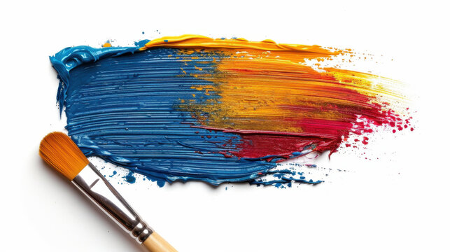 Vibrant palette of blue, orange, and red paint swirls together, showcasing dynamic blend of colors. brush rests beside paint, inviting creativity and artistic expression