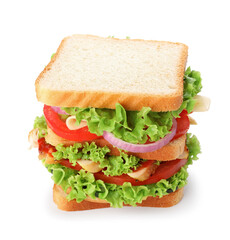 Yummy sandwich with chicken meat and vegetables isolated on white