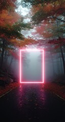 Glowing pink rectangular portal on a misty autumn road framed by vibrant foliage