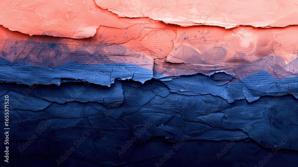 Wall mural textured layers of coral and navy blue create visually striking abstract background, evoking sense o