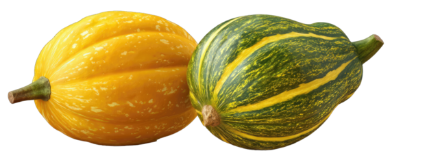 Two gourds, one yellow, one variegated