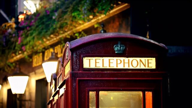 London, United Kingdom. A closeup of a red telephone booth with a lit sign that reads TELEPHONE. The booth is set against a backdrop of a building with a green wall adorned with hanging flowers.