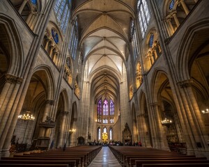Fototapeta premium a neo-gothic cathedral with vaulted ceilings, ultra-wide 14mm lens from interior floor level, stained glass glowing, epic vertical scale