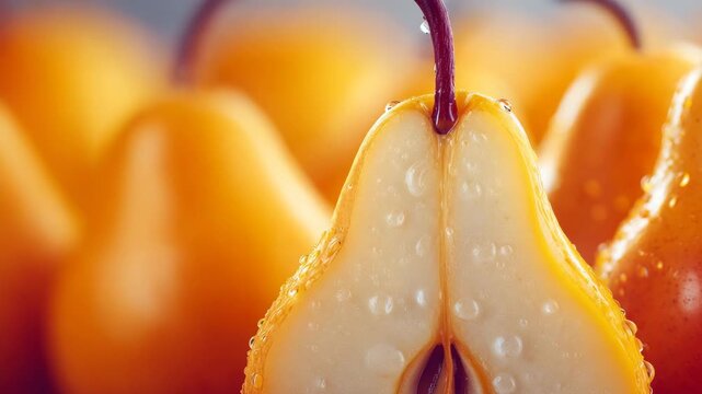 Close-up of a ripe pear cut in half with water droplets. Bright, juicy and fresh footage, perfect for advertising healthy food, fruits and drinks.