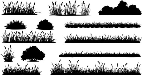 Green grass silhouette. Cartoon lines of plants and shrubs for boarding and framing, eco and organic logo element. Vector set spring field planting shapes lawn or borders garden on white background